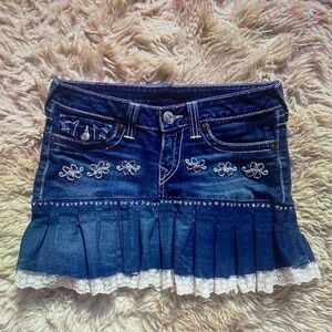 Denim Mini Skirt with Lace Trim
